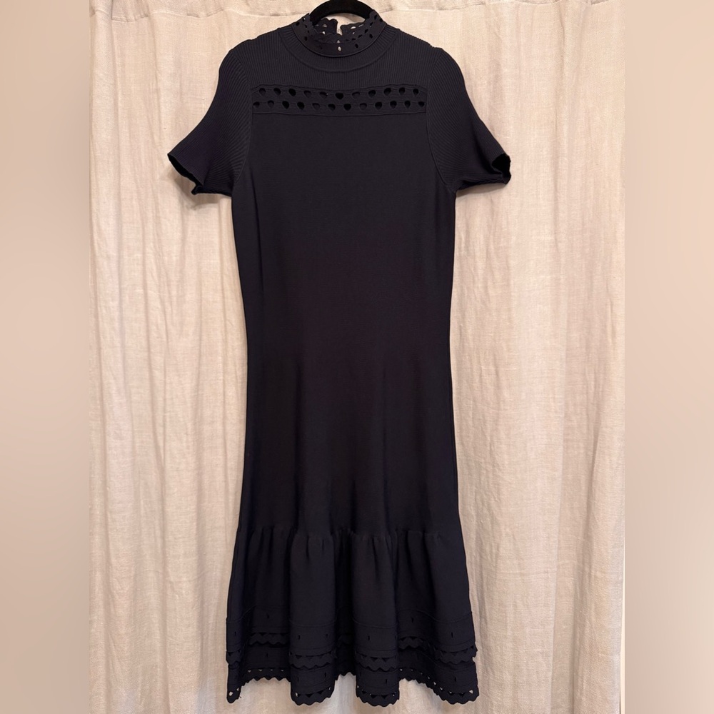 Sandro Paris Navy Blue Eyelet Scalloped Knit Fit & Flare Dress Size 2
